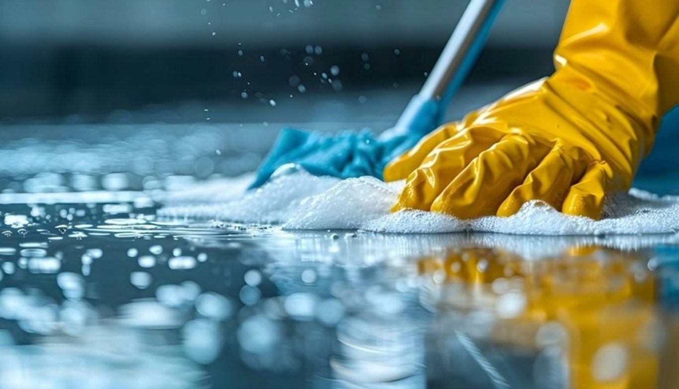 Wischen Hände in gelben Handschuhen wischen schäumenden Boden mit einem blauen Mopp.